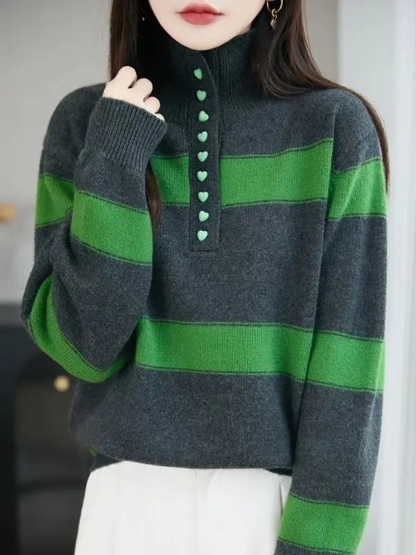 

Autumn Winter Women's Loose Fit Slimming Knitted Sweater f High Collar Stripe Pattern Base Layer Top Vintage Sle Long Sl...
