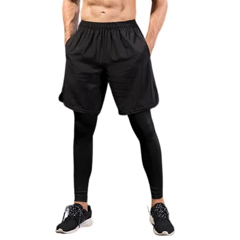 

Men's Black Leggings Fake Two-Piece Boy Fitness Trousers Sports Running Cycling Training Long Pants Casual Elastic Quick-drying