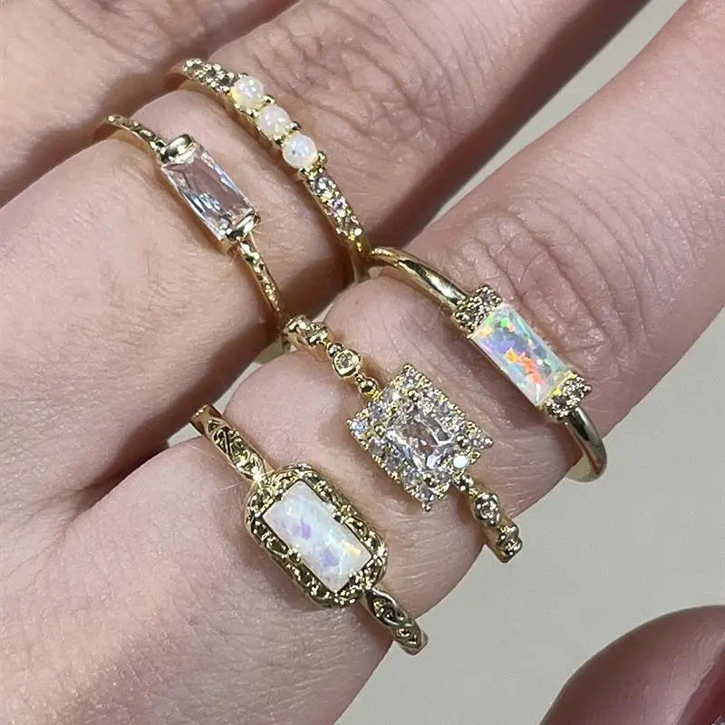 Huitan Slim Gold Color Ring for Women Stackable Inlaid Shiny Cubic Zirconia Party Versatile Created Opal Daily Elegant Jewelry