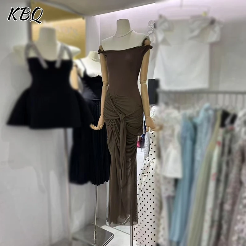 

KBQ Solid Spliced Folds Slomming Dresses for Women Slash Neck Off The Shoulder Sleeve High Waist Evening Dress Female Autumn New