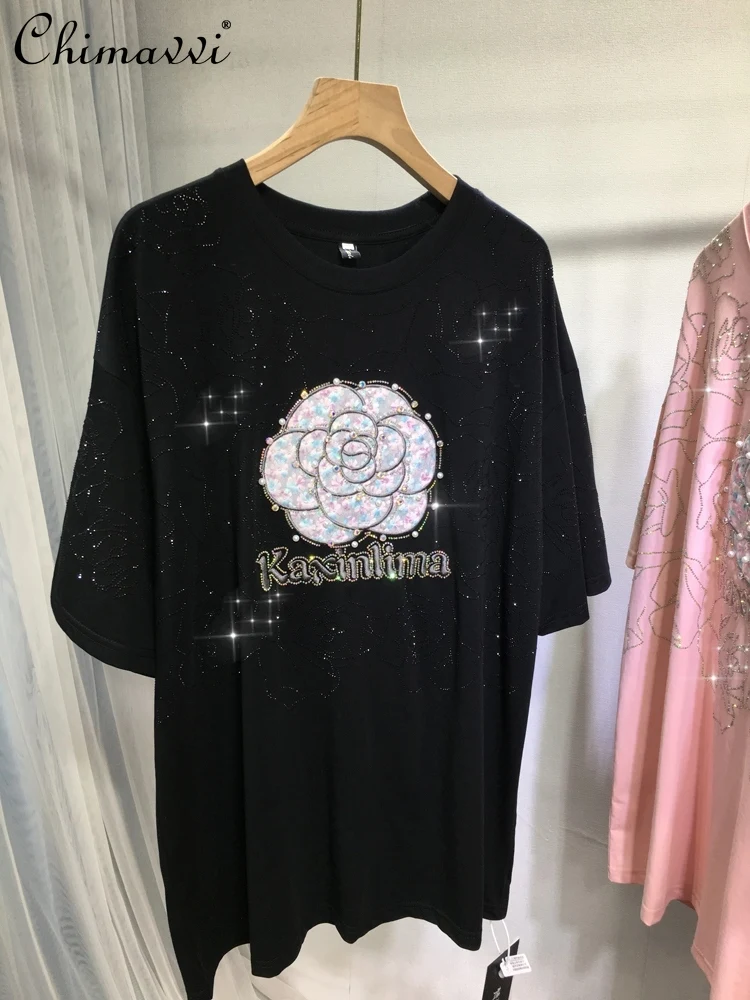 

European Heavy Hot Diamond T-shirt Womens Fashion Luxury Nail Beads Flower Embroidery Short-sleeved Top Summer New Loose Tshirts