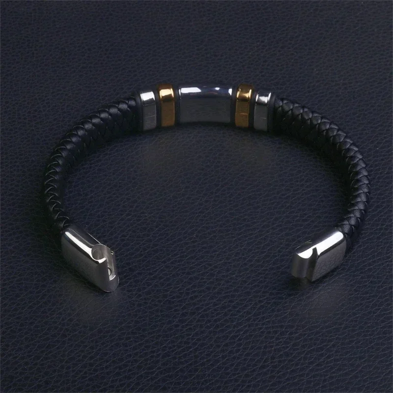 Classic Black Single Layer Hand Braided Leather Bracelet with Magnetic Closure Men\\\'s Charm Fashion Casual Jewelry Gift