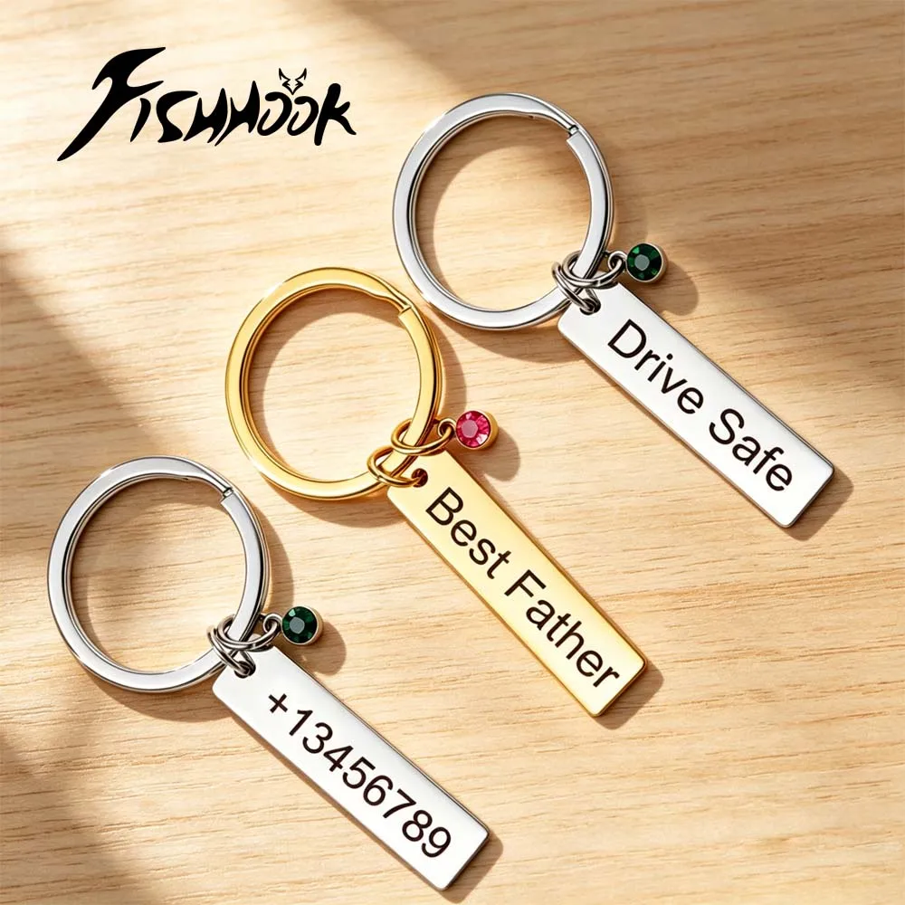 Bag Charm Birthstone Personalized Keychain Custom Name Phone Number Key Ring Birthday Gift For Men Women Stainless Steel Jewelry