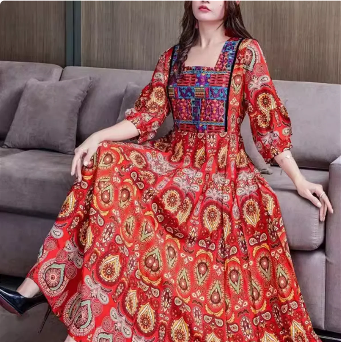 

Thailand Fashion Brand Holiday Swing Dress Bohemia V-neck Vintage Print Embroidery Loose Dress Beach Dress