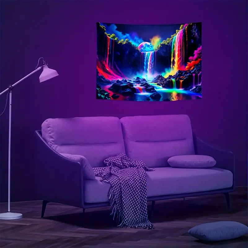 VIKAMA Neon Rainbow Waterfall Illusion Full Moon Forest Illusion Tapestry Background Ins Trendy Cool Esports Room Decoration