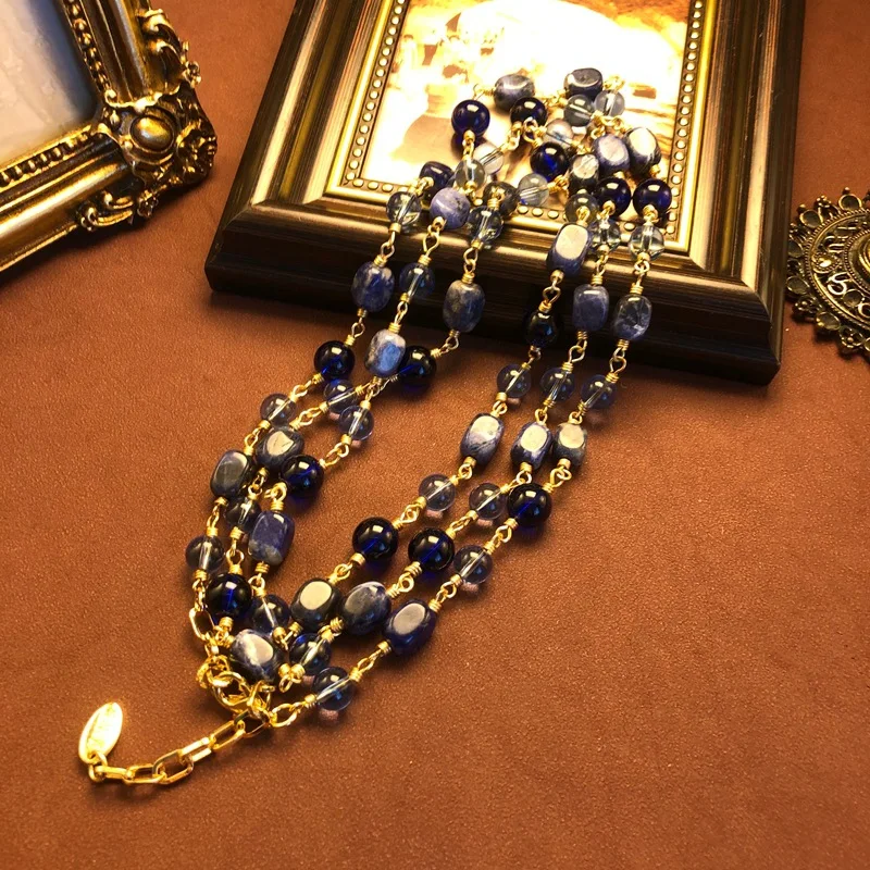 

Retro blue necklace sweater chain bohemian ethnic style lapis lazuli windable medium-length necklace