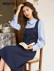 MISHOW Fake Two-piece Striped Shirt Dress 2024 Spring Polo Neck High Waist Patchwork Medium Length Dress Office Lady MXD15L1692