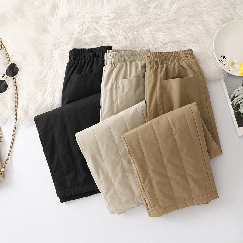 plus Size Fashionable Winter Straight Leg Cotton Pants Women's Loose Elastic Waist Thickened Warm Quilted Trousers