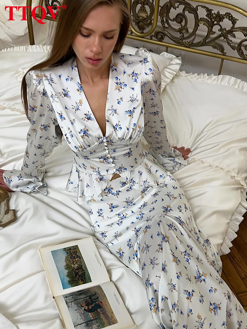 

TTQV Fashion Slim Print 2 Pieces Set For Woman 2026 Elegant Long Sleeve Shirt With High Waist Long Skirt Set Female Clothing