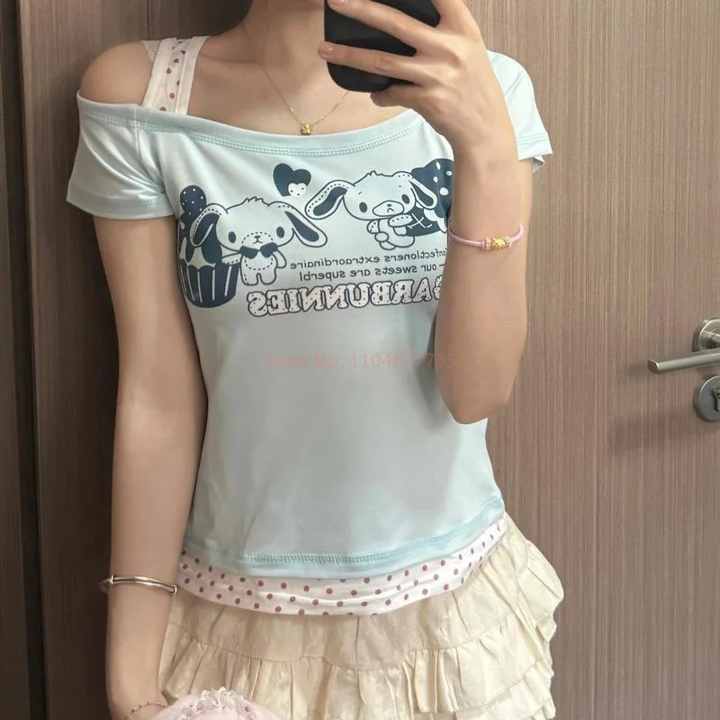 かわいいシュガーバニー Y2k 服夏かわいい偽 2 Tシャツ日本のサブカルチャープリント Tシャツ甘いかわいい原宿クロップトップス