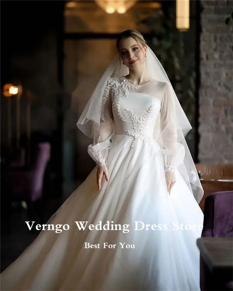 Verngo Modest A Line Tulle Puffy Long Sleeves Wedding Dresses Jewel Neck Leaves Beads Vintage Dubai Saudi Arabic Bridal Gowns