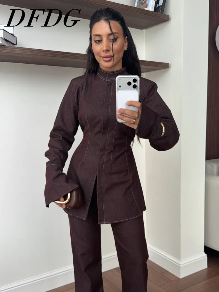 

DFDG Women 2026 Spring Two Piece Set Stand Collar Contrast Stitch Fitted Top High Waist Wide Leg Pants Set Elegant Office Set