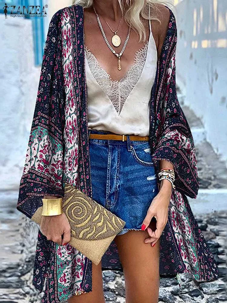 ZANZEA Women Cardigan Summer Open Front Bohemian Floral Printed Blouse Kimono Casual Loose Beach Tops Vintage Long Sleeve Blusas