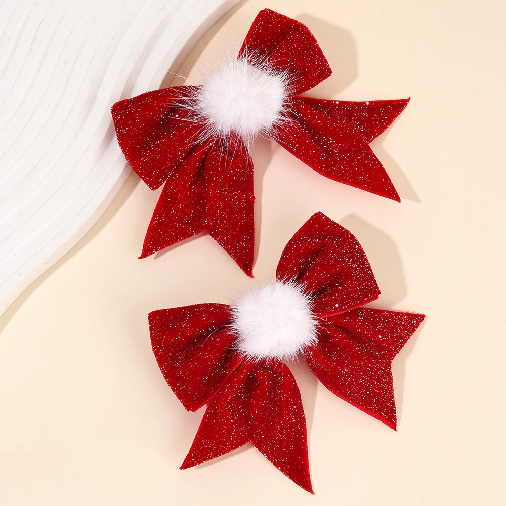 2pcs Elegant Bow Hair Clips With White Pom-Pom Sparkling Velvet Hairpins Christmas & New Year Party Hair Accessories For Girls