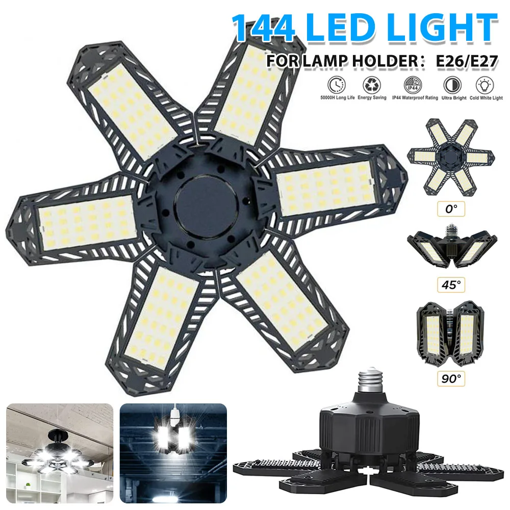 LED Garage Light E27/E26 Djustable 6 Panel Led Lamp Deformable LED Garage Ceiling Light AFor Garage Workshop Industrial Lighting