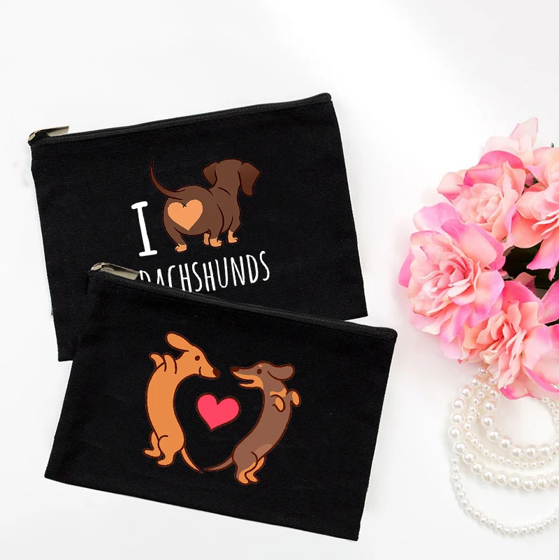 I Love Dachshund Canvas Cosmetic Bag Zipper Toiletry Pouch Dog Mom Life Makeup Organizer Aesthetic Harajuku Storage Cloth Bags