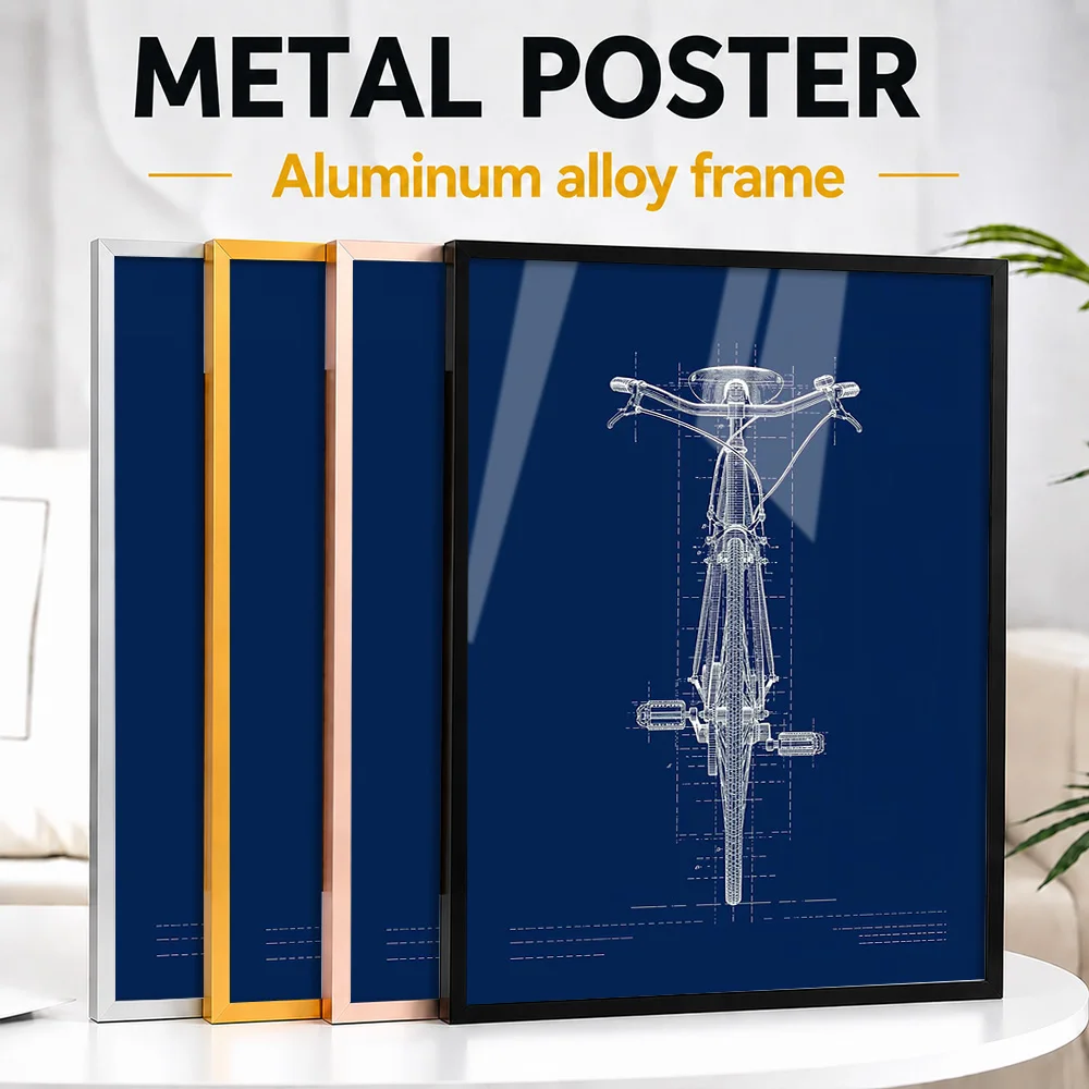 Bicycle Blueprint Top View Framed Aluminum Metal Poster Personalized Illustrated Wall Art For Cycling Studio And Home Office
