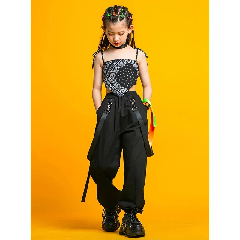 Kids Punk Streetwear Jazz Costume Girls Hip Hop Clothing Crop Top Cargo Pants Neck Mesh Skirt Sets Teenage Street Dance Clothes