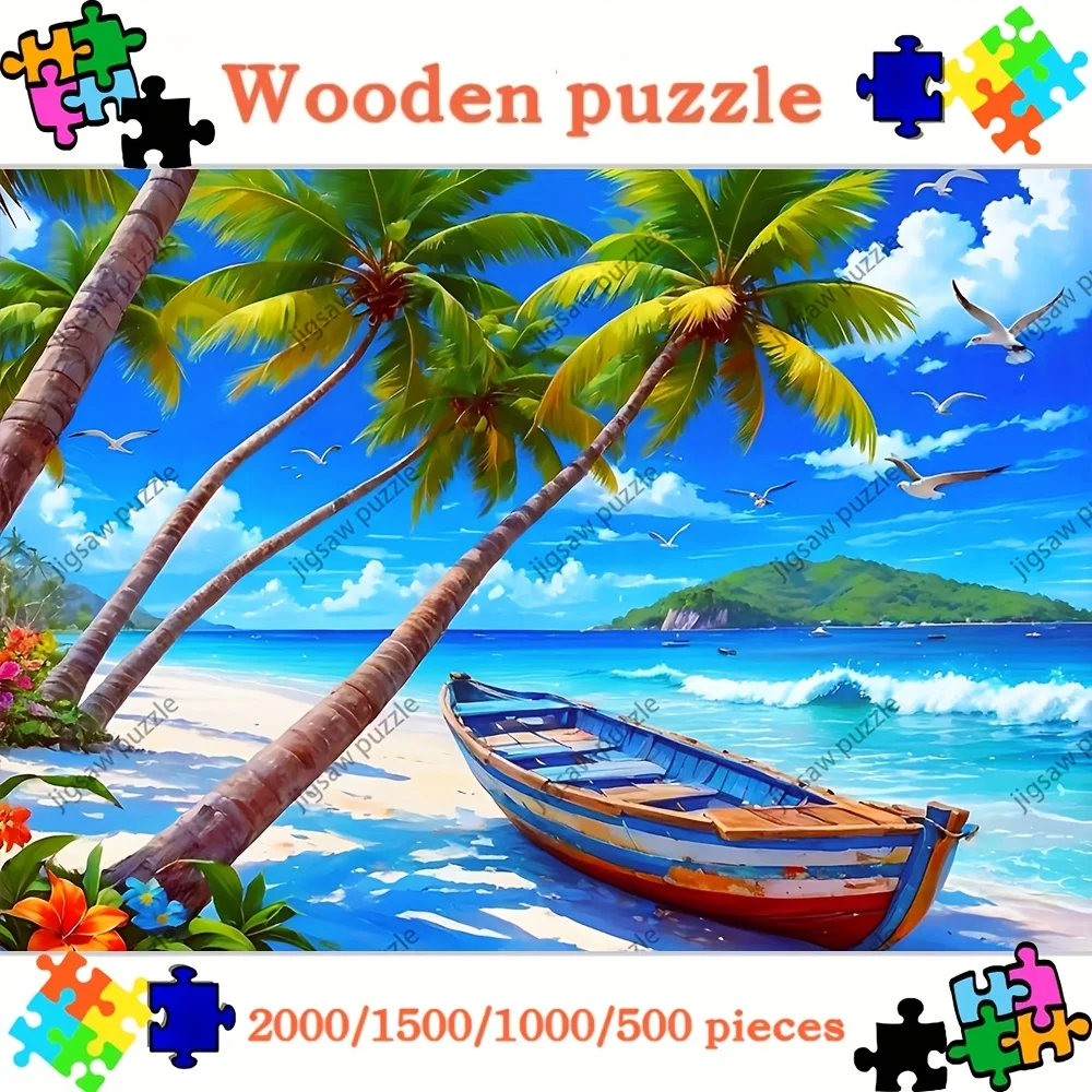 2000/1500/1000/500 قطعة أحجية الصور المقطوعة الخشبية للشاطئ الاستوائي للبالغين - أشجار النخيل النابضة بالحياة والقارب ومشهد المحيط، خشب ممتاز