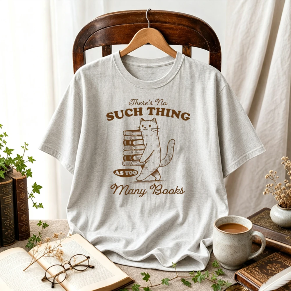 Women There's No Such Thing As Too Many Books Cat Graphic T-Shirt Book Lover Cat Mom Tee Bookish Reading Vintage Casual Tops Tee