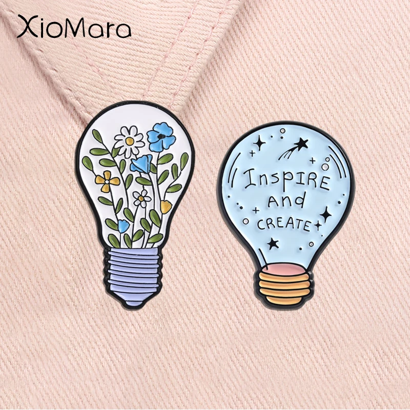 Floral Light Bulb Enamel Pin Wild Daisy Flower Inspire And Create Inspirational Quotes Brooches Lapel Badge Party Jewelry Gifts