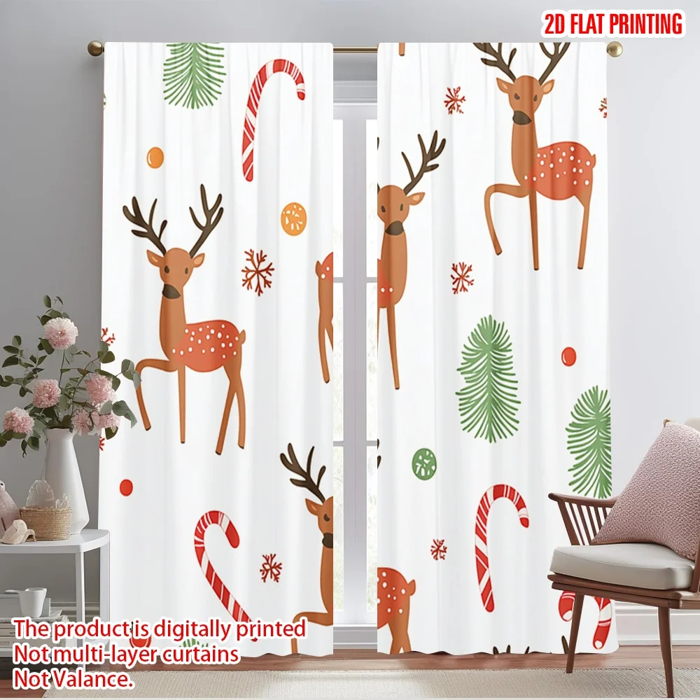 2pcs,2D plane printing Creative Curtains Deer Candy Cane Snowflake Holly (3) Polyester Fabric (without rod) Gifts Perfect for