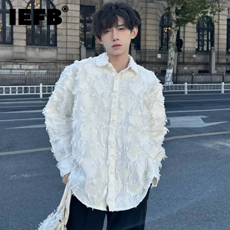 

IEFB Men Shirt Personalized Feather Design Turn-down Collar Solid Color Baggy Male Long Sleeve Shirts Casual Spring New 9C4754