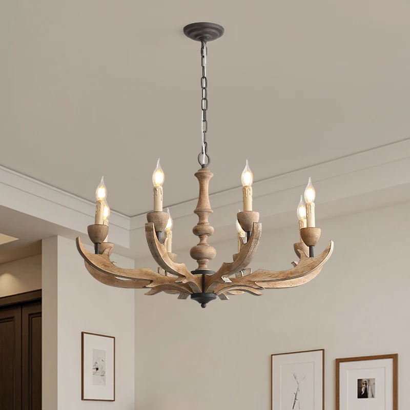 American vintage country chandelier, solid wood creative living room dining room candle lamp, French homestay clothing store dec