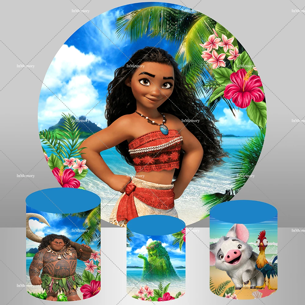 Brave Moana Conquering The Ocean Circle Round Backdrop Cover for Girls Summer Birthday Party Backgrounds Vaiana Cylinder Covers