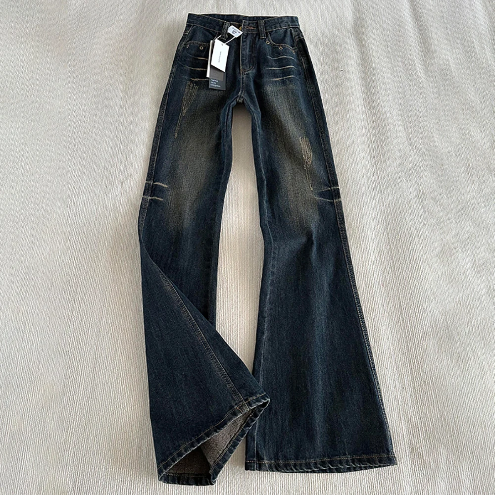 

Women Retro Washed Frayed Flared Jeans Spring Autumn Mid Waist Denim Bootcut Pants American Vintage Commute Long Trousers 18-24Y