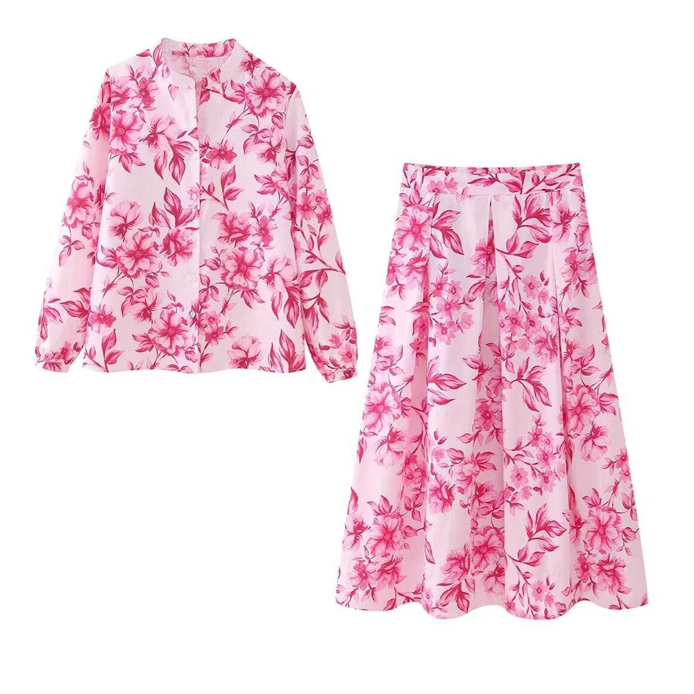 

Taop&Za 2024 Summer New Product Women's Fashion Polo Collar Long sleeved Printed Shirt Flower Printed Midi Skirt Set