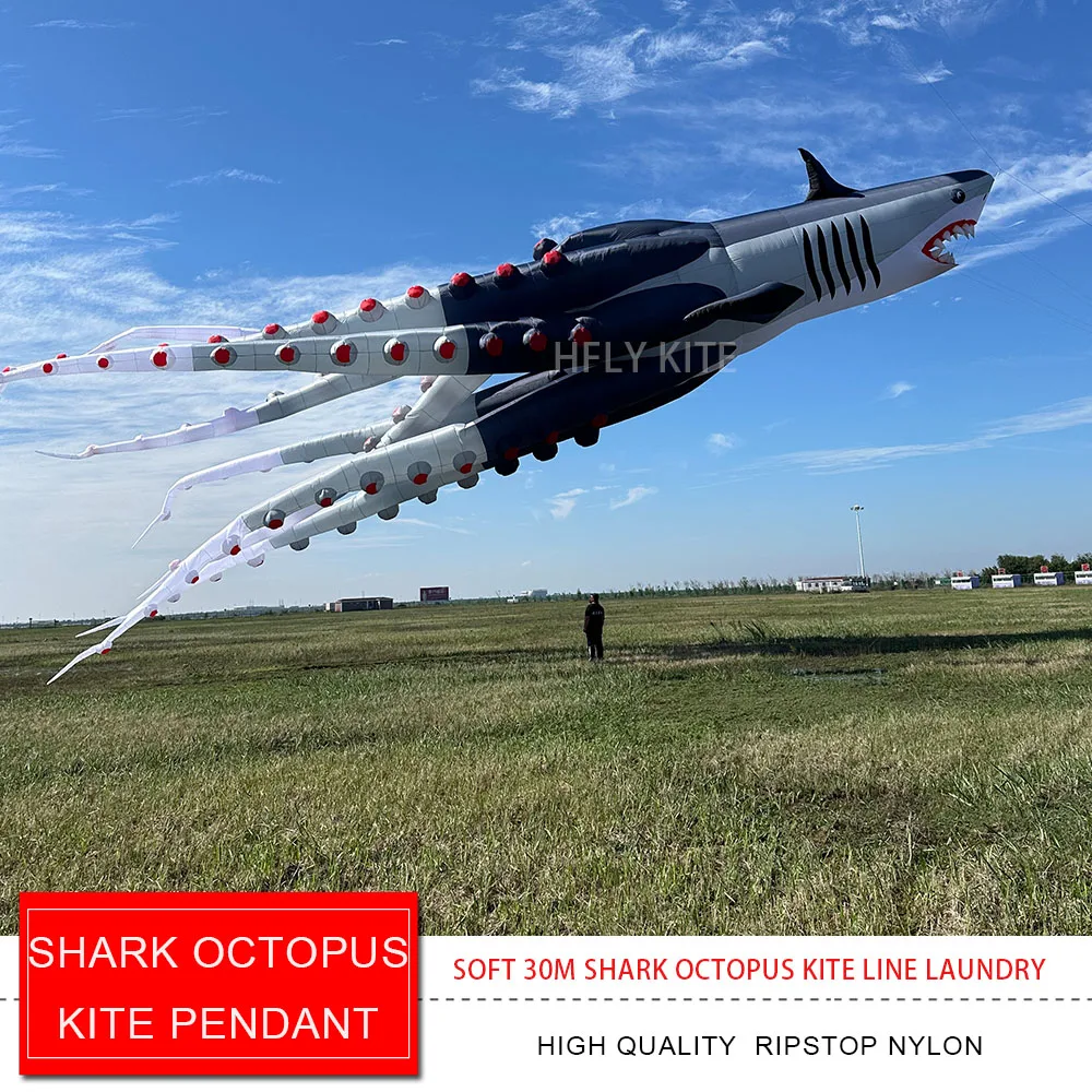 HFLY New Arrival Soft Inflatable Giant 30m Shark Octopus Kite Line Laundry for Adults High Quality  Nylon Show Kites  Pendent