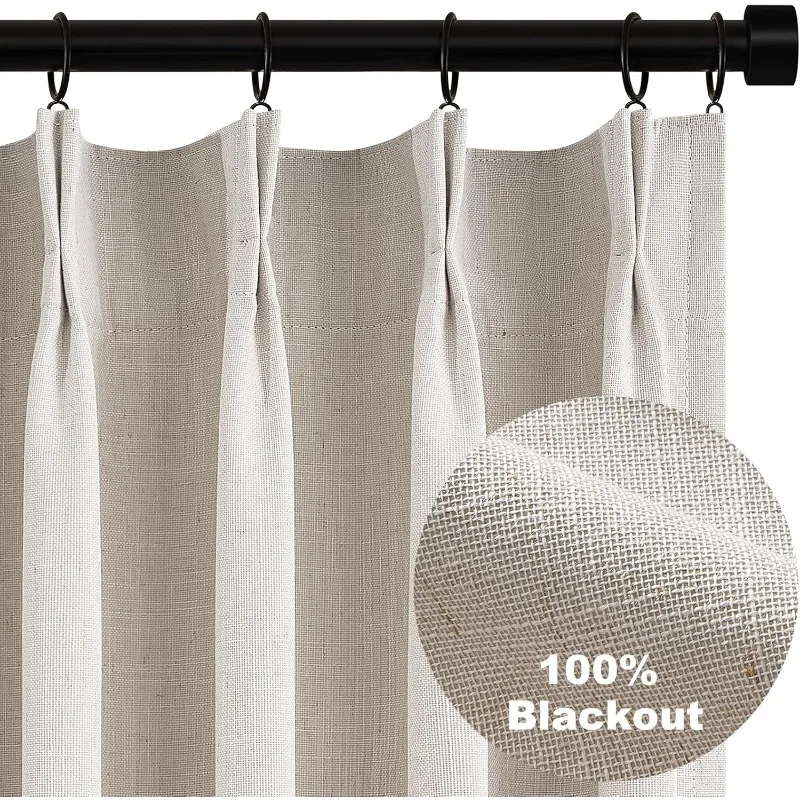 

90 Inches Long Full Blackout Linen Curtains for Bedroom, Oatmeal Pinch Pleated Sound Block Curtains