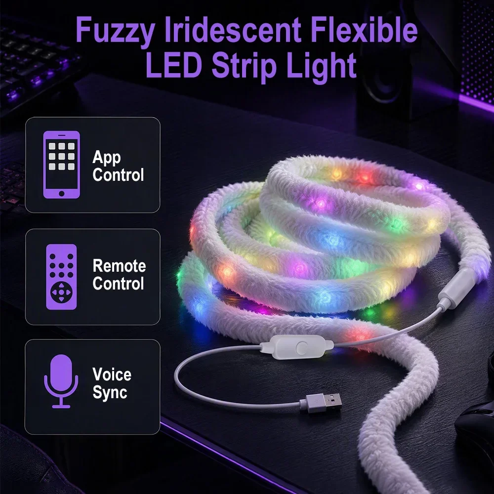 BORUiT RGB Dreamcolor LED Strip Plush Neon Rope Light 5M,Bluetooth APP & IR Remote Control USB 5V DIY Indoor Decor Lamp