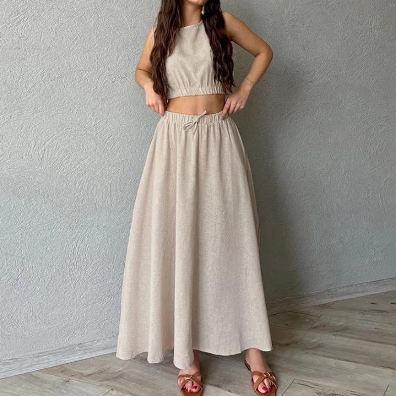 2024 Summer New Fashion Women's Skirts 2 Piece Sets Outfits Street Trendsetters Women's Casual Khaki Tank Top & A-line Skirt Set