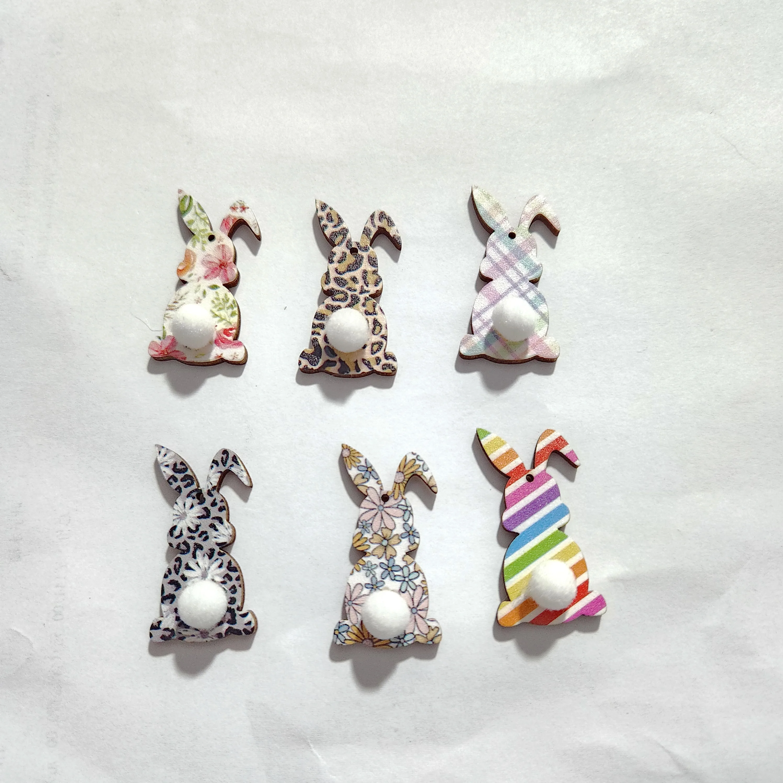 (10pcs/pack) Marshmallow Floral Peep Bunny Cottontail Happy Easter Holiday Wood cut Findings DIY Accessories charm For earrings