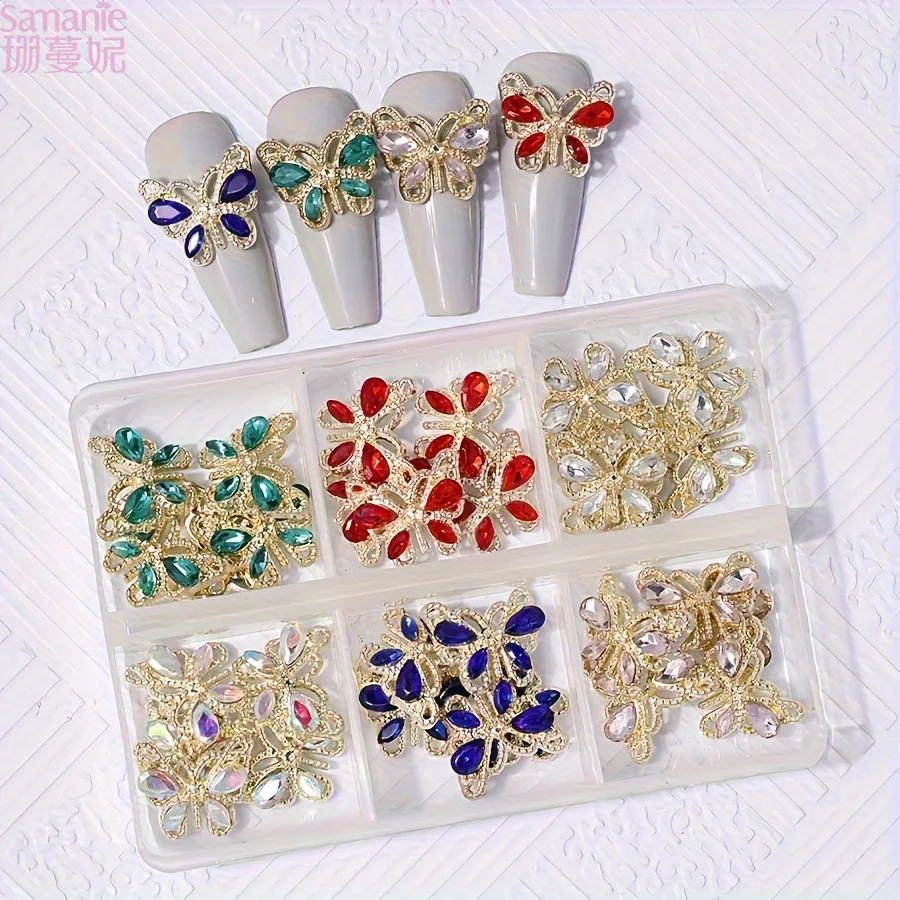 6 Grids Gold Alloy Butterfly Nail Charms Multi Color Rhinestone Hollow 3D Manicure Ornaments Luxury DIY Nail Decor for Salon Home Art