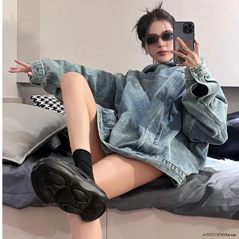 Retro Denim Hooded Sweatshirt Punk Biker Harajuku Pullover Women Korean Y2k High Street Hoodies Streetwear Loose Tops Outerwear