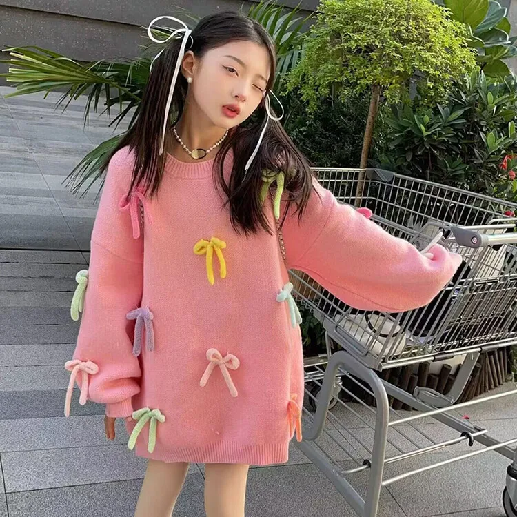 

2025 корейский свитер для девочек-подростков, осенний детский цветной вязаный топ с бантом для девочек, свободный пуловер с длинными рукавами для девочек