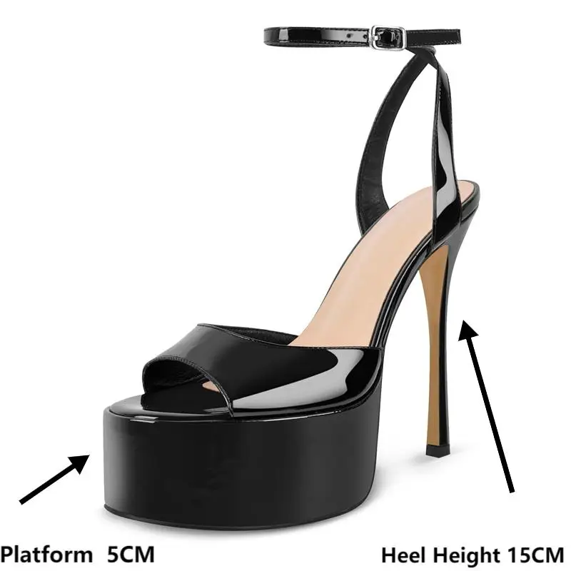 Onlymaker Women Black Peep Toe Patent Leather Platform Sandals Thin High Heel Party Evening Dress Stiletto Heels Sandals
