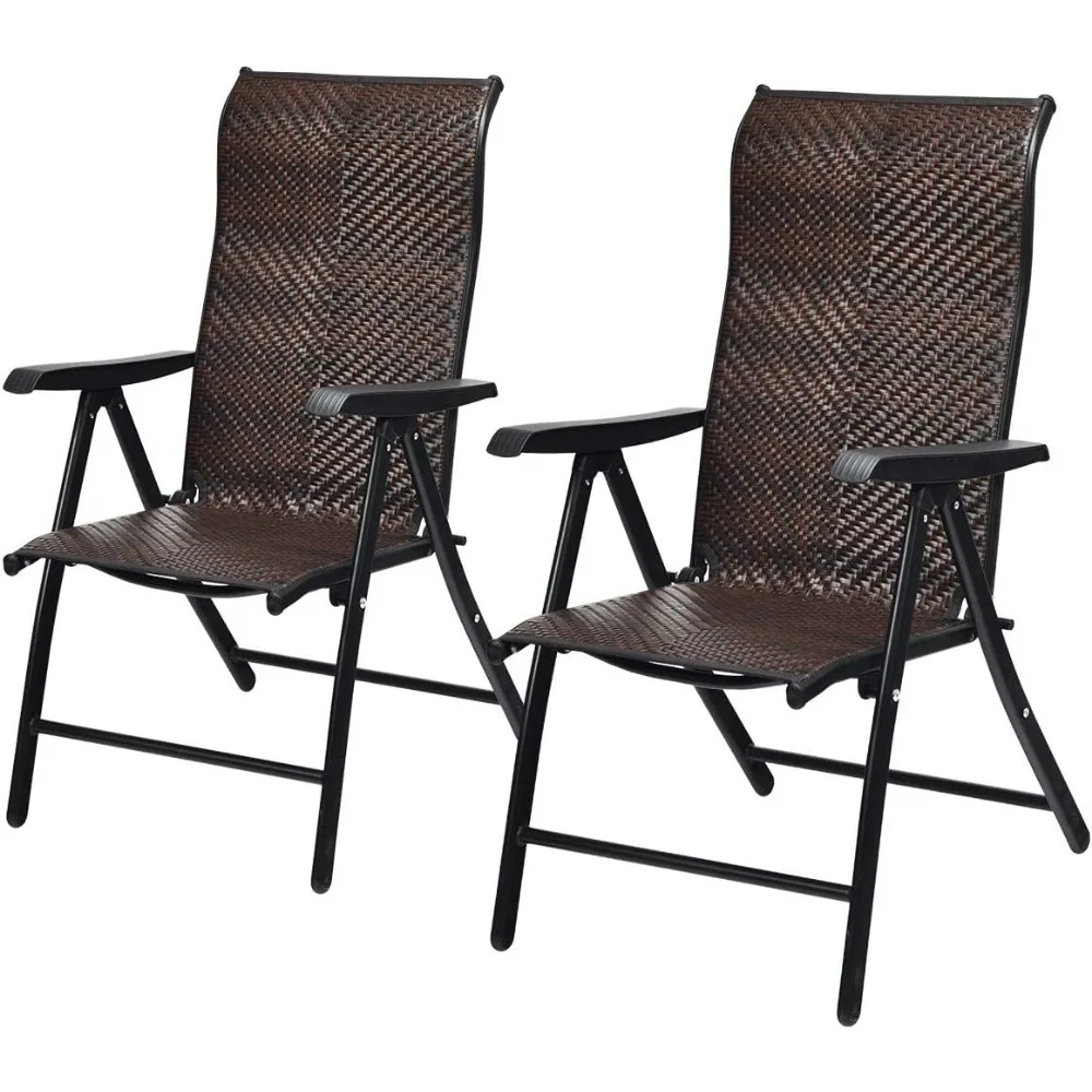 

Patio Rattan Folding Reclining Chair, Outdoor Wicker Portable Camping Chair with Widened Armrest