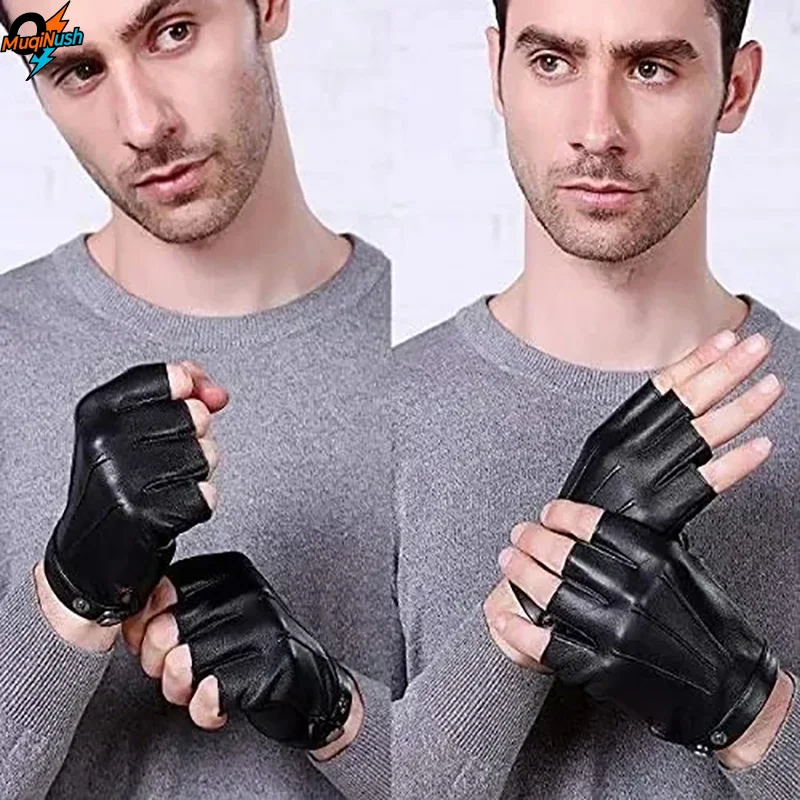 

MuqiNush Men Women Fingerless Half Finger Driving PU Leather Gloves Outdoor Sport Faux with Anti-Slip Layer Adding Fleece Warm