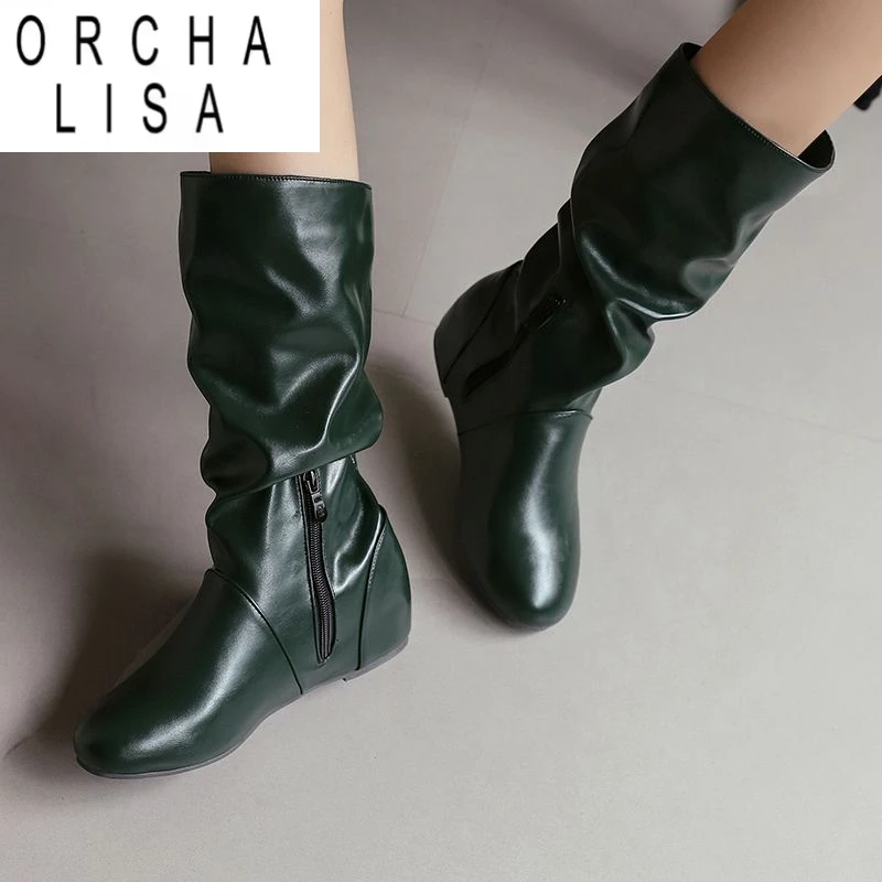 

Брендовые женские ботинки до середины икры ORCHA LISA, плиссированные туфли на увеличенном каблуке с круглым носком, размер 49, 50, модные повседневные мягкие женские ботильоны