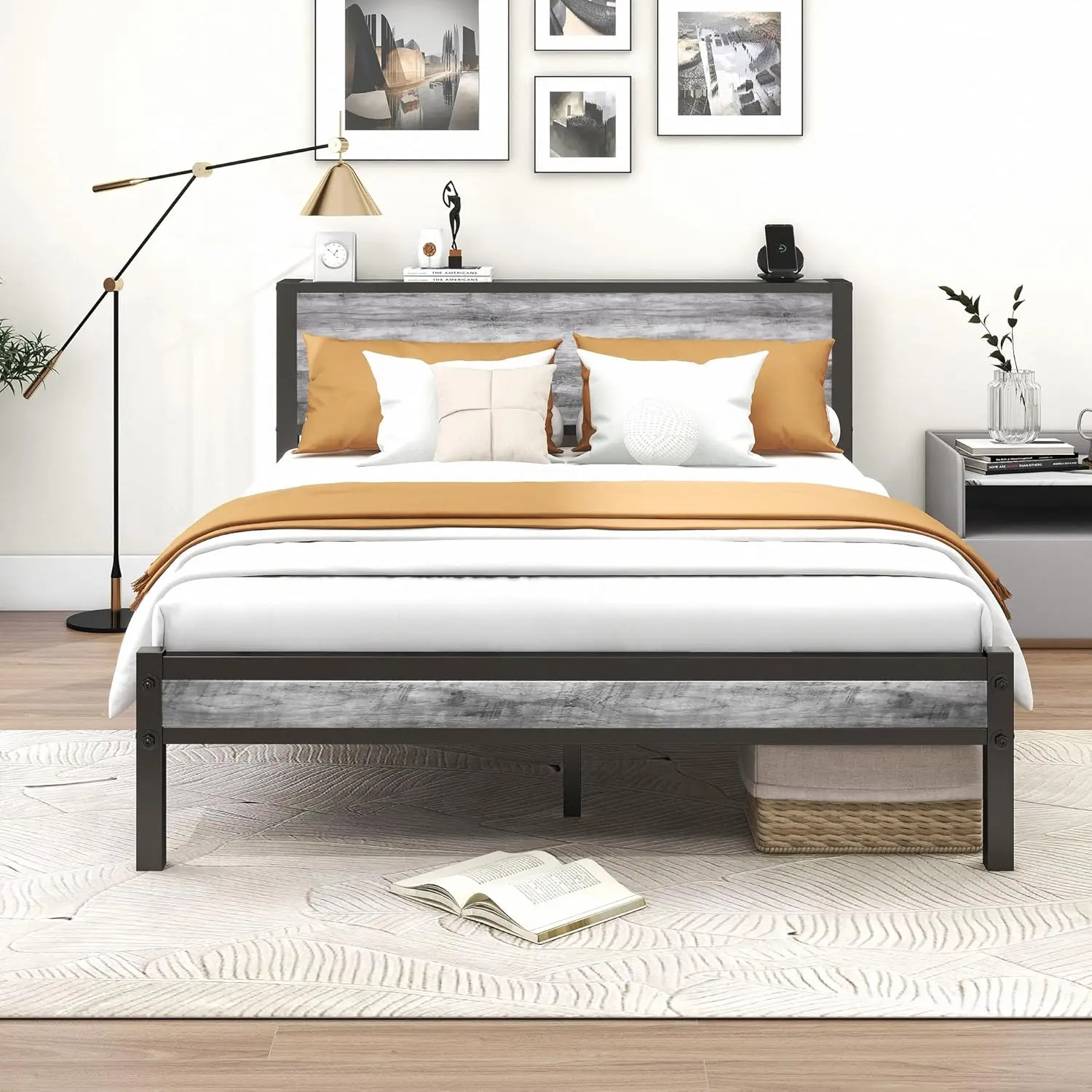 

Queen Size Bed Frame with Wooden Storage Headboard, Metal Platform Bed Frame, No Need for Springs, No Noise, Black