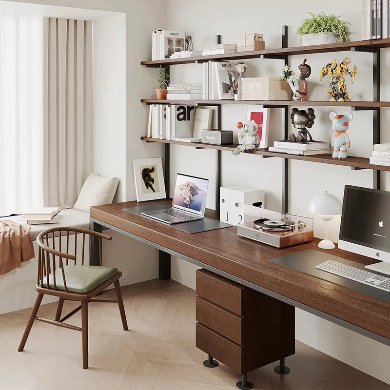 Solid wood desk simple computer desk household side bookshelf table integrated writing desk children's study table bookcase inte