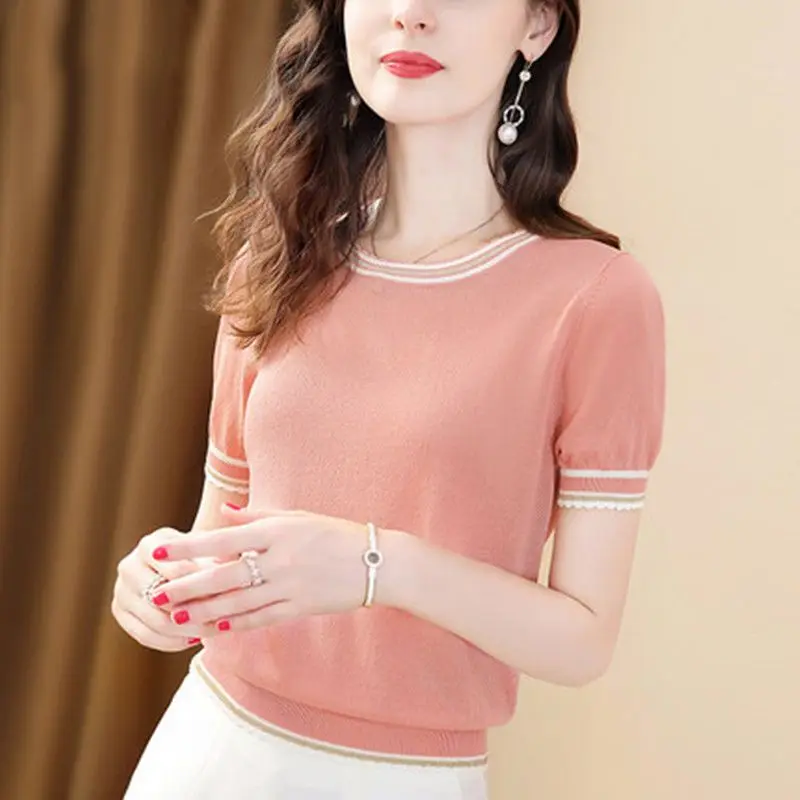 Fashion O-Neck Spliced Loose Korean Blouse Women Clothing 2023 Summer New All-match Casual Pullovers Short Sleeve Commute Shirt