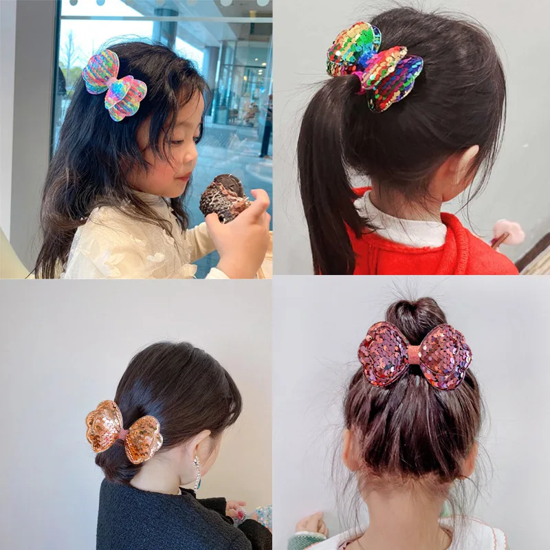 1PC New Double Sequin Bow Princess Baby Girls Hairpins Hair Clips Cute Kids Headwear Children Hair Accessories