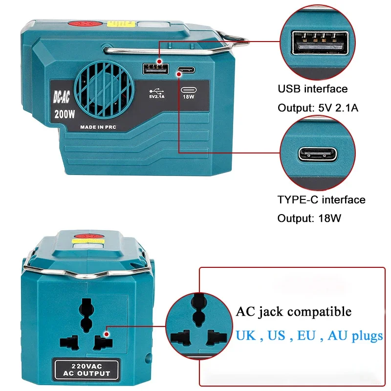 AC220V Ausgang Inverter Netzteil Adapter LED Licht Für Makita Für Dewalt Für Bosch Für Milwaukee Für Ryobi 18V Li-Ion batterie