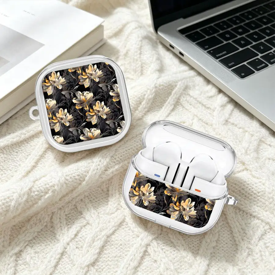 Case For Samsung Galaxy Buds 4Pro 3Pro 3 FE 2Pro Live 2 4 Pro Clear Earphone Cases Cover With Hook Gold Line Flower