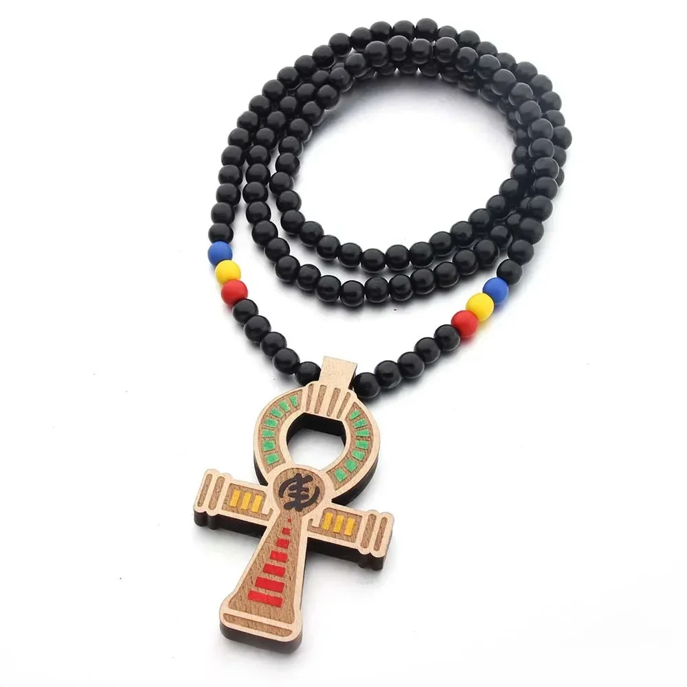 New Wooden Egypt Anka Cross Necklace Pendant For Men Woman Long Beaded Sweater Chain Necklaces Red Black Brown Color